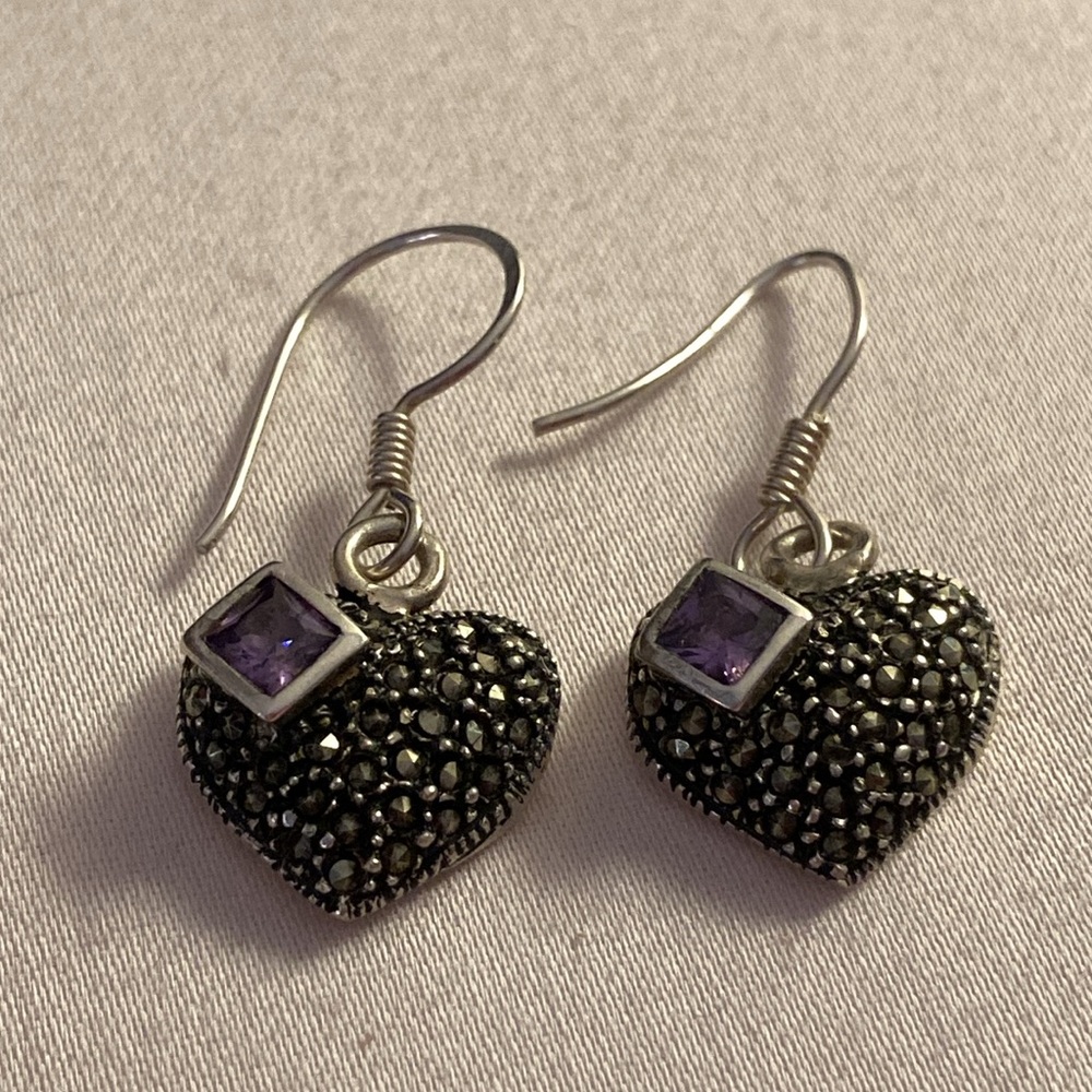 NWOT - Sterling Silver Marcasite Heart & Amethyst Gem Drop French Hook Earrings*